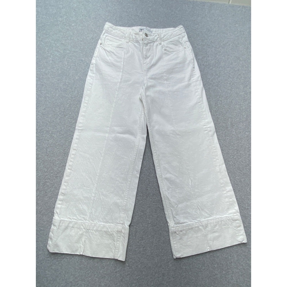 Zara Wide Leg Jeans Womens 4 White High Rise Cropped Cuffed Relaxed 5862/058/250